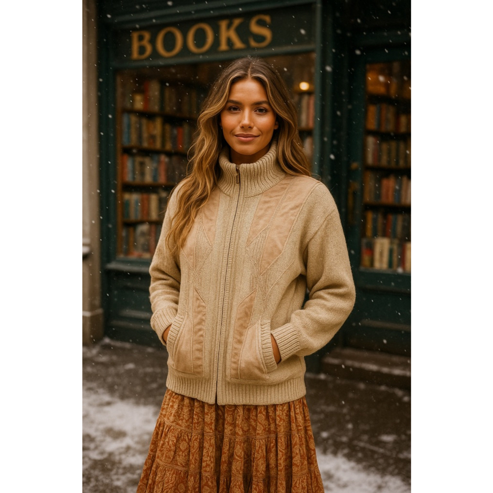 Vintage Geometric Wool Knit Coat Lined Zip Up Beige Quiet Luxury Parisian Nordic